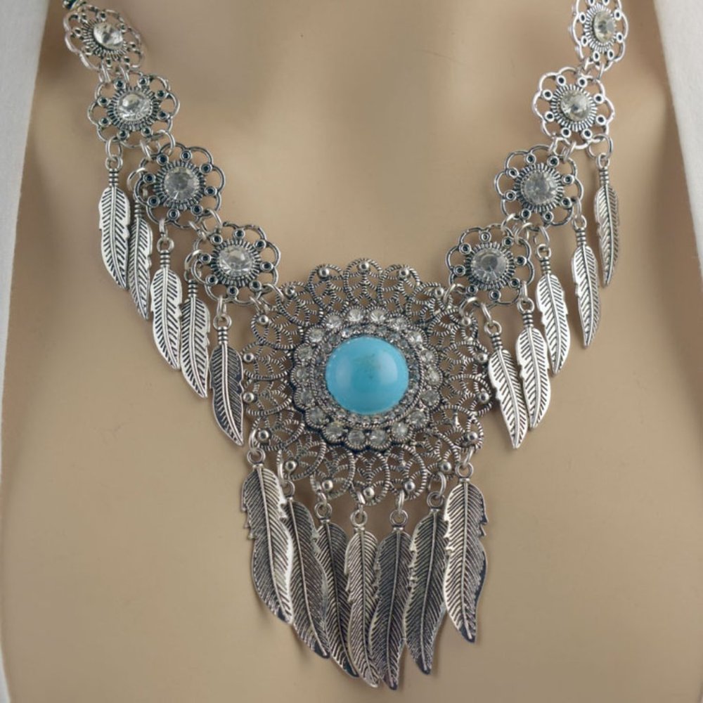 Turquoise Rhinestone Feather Disc Necklace Set - Picture 4 of 4